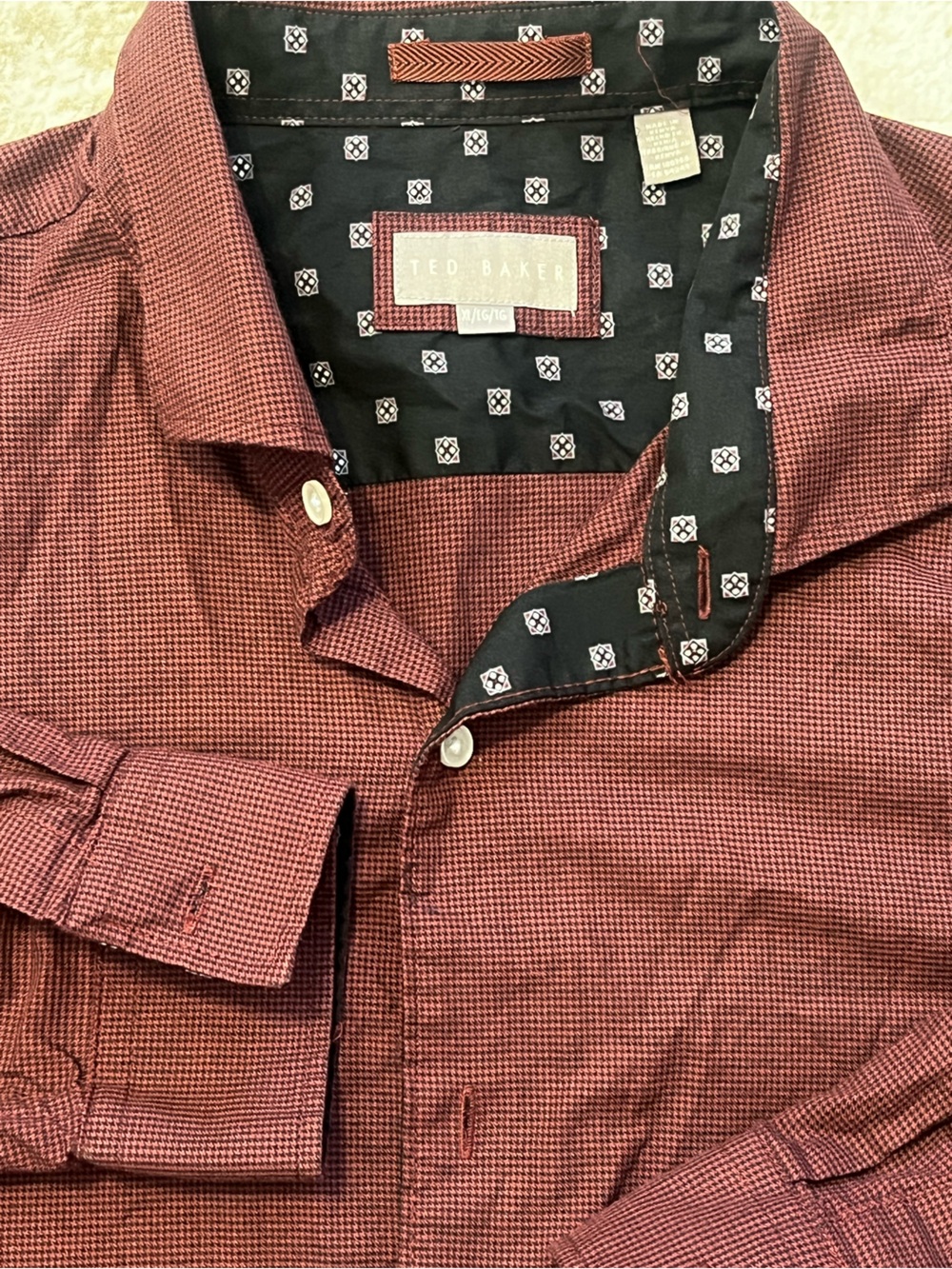 Ted Baker Mens XL Burgundy Houndstooth Micro Print Button Shirt Patterned Trim